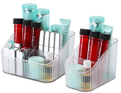 OSteed Clear Makeup Organiser Box for Vanity, Makeup Brush Holder with 8 Cups, Skincare Beauty Cosmetic Storage Box, Dressing Table Organiser Storage, Toiletry Organiser