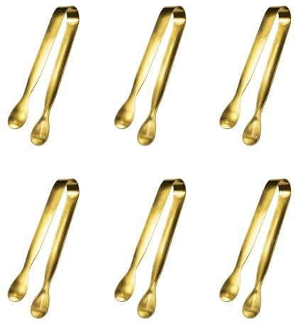 6Pcs Serving Tongs, Small Serving Utensils for Parties Catering Gold Tongs, Food-Grade 304 Stainless Steel Mini Appetizer Tongs for Tea Party Coffee Bar, 4 Sugar Tongs - Gold