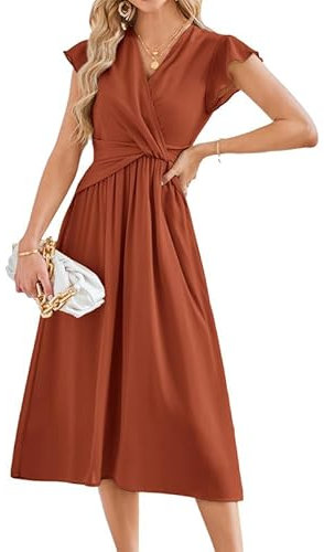 JASAMBAC Women's Formal Dresses Summer Dress 2024 Wedding Guest Gowns Tea Party Dresses Flowy Short Sleeve Chiffon Maxi Dress Brown Red