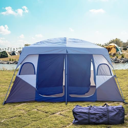 Tente de Camping, Tente familiale pour 8 à 12 Personnes, imperméable, Coupe-Vent, 2 Portes, 2 Chambres, Installation Facile, Double Couche, Tente extérieure pour Camping Familial (Bleu)
