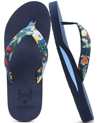 KuaiLu Tongs Femme Tissu été Flip Flops Plage et Piscine Adulte Soutien Voute Plantaire Tongue Sandales Cuir Orthopedique Yoga Mousse Antidérapantes Semelles Douche Claquette Bleu Floral 39