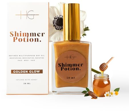 HG AESTHETICS Shimmer Potion Trockenes Honigöl | Feuchtigkeitsspendendes & Glänzendes Öl für Körper & Gesicht (Bronze-Ton) (Goldener Schimmer, 50ML)