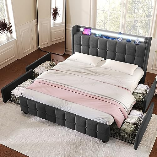 Fppuueg Cama Tapizada 180x200 con Iluminación LED, Camas Matrimoniales con 4 Cajones, Cama Matrimonio con Enchufes y Puertos USB, Cama Doble con Láminas de Madera, Lino, Gris, Sin Colchón