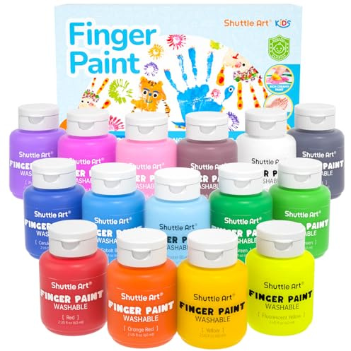 Shuttle Art Washable Finger Paint Set, 15 Colors (2 fl oz) Toddler Paint, Non-Toxic Finger Painting for Toddlers, Kids Arts and Crafts