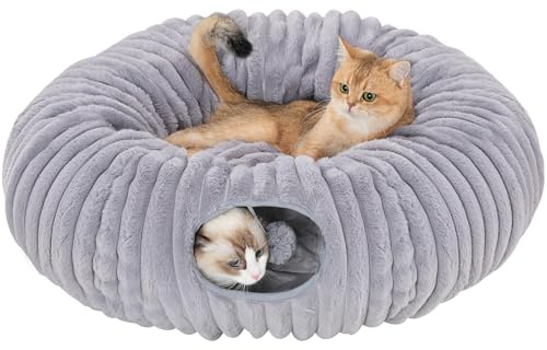 Avont Tunnel pour Chat Modulable, Tunnel Intérieur pour Jeu et Dormir, Lit Rond sous Le Sapin, Panier Chaud Moelleux pour Chat, Cabane Sapin de Noël, Donut avec Balles Suspendues et Fenêtres -Gris