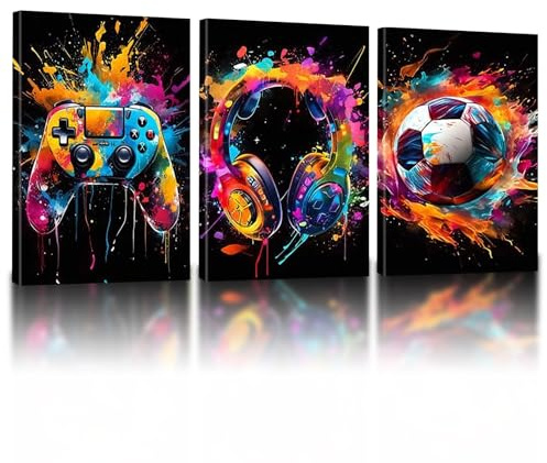 KiKiHong 3 st Gaming-väggaffischer för spelvägg | Fotboll och gaming, hörlurar, laminat för ungdomsrum, sovrum eller vardagsrum, dekoration 40 x 30 cm