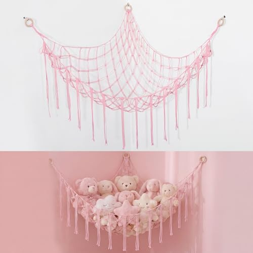 Toy Hammock for Stuffed Animals, 41*41*59 Toy Storage Net, Pink | Hand-Woven Cotton Rope, Space-Saving Corner Storage, Tassel Boho Nursery Décor, Easy Wall-Mount Installation