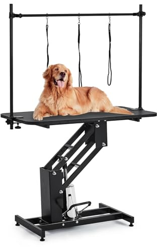 RBFGYIOP Large Dog Grooming Table, Heavy Duty Hydraulic Pet Grooming Table with Adjustable Arm, 3 Loops, Anti Slip Top for Dogs & Cats L116.5xW74.5xH21.5cm