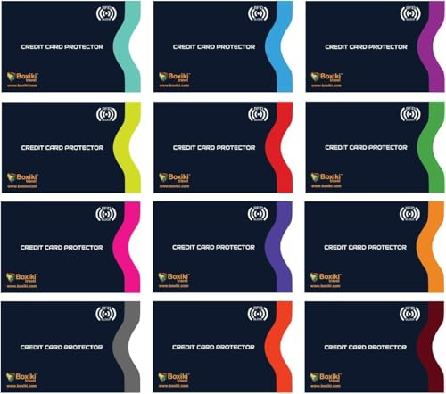 Protector Tarjetas Crédito RFID, 12 Fundas Bloqueo Antirrobo con Codificación de Colores para Tarjetas Bancarias y Documentos de Identidad, Material Resistente al Agua de Boxiki Travel