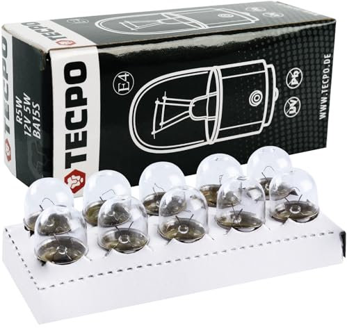 TECPO 10x Kugellampen R5W 12V 5W, BA15S Sockel, Pins gegenüberliegend, StVO-zugelassen, E-Prüfzeichen, passend für Rücklicht & Standlicht, robuste Qualität, Rückleuchte, Standleuchte, Rückfahrleuchte