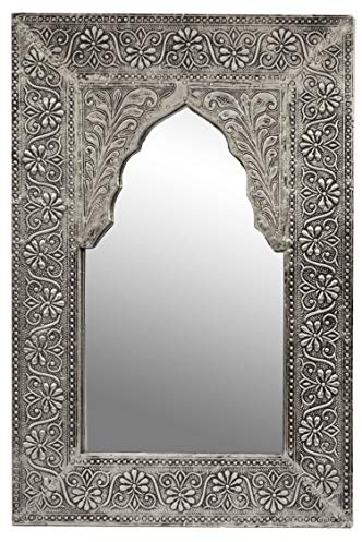 Orient Spiegel Wandspiegel Malik 42cm groß Silber | Großer Marokkanischer Flurspiegel mit Holzrahmen orientalisch verziert | Orientalischer Vintage Badspiegel ohne Beleuchtung als Orientalische Deko