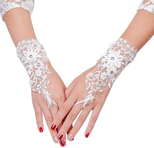 LONTG Spitze Handschuhe Fingerlose Brauthandschuhe Strass Blumen Spitzenhandschuhe Hochzeit Stulpen Kurze Hochzeithandschuhe mit Satinband Lace Ellbogen Armstulpen für Opera Fest Abend Party