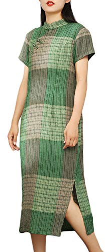 LZJN Women's Summer Short Sleeve Linen Qipao Slim Fit Lattice Plaid Chinese Cheongsam Dress (Green, M)