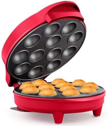 Holstein Housewares 12-Count Cake Pop Maker with Non-Stick Plates & Indicator Lights – Bakes 12 Sweet or Savory Pops Fast, Perfect for Birthday Treats & Holiday Party Snacks, Red