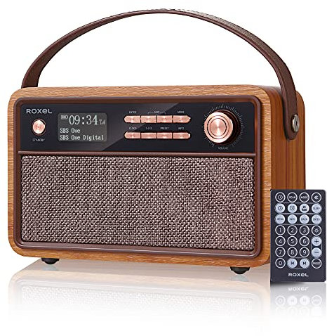 Roxel Retro D1 Vintage DAB+/FM Radio Wireless Speaker | Bedside Alarm Clock with Sleep Function. Rustic Exterior, Mains and USB Rechargeable, TF card, AUX and USB Compatible (Walnut)