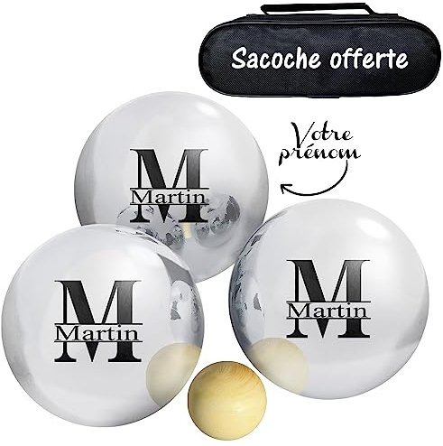 KDO MAGIC - Boule de pétanque personnalisée - Triplette 720g gravée - Pétanque Personnalisable - Lot de 3 Boules et 1 cochonnet - Idée Cadeau (Modèle Majuscule)