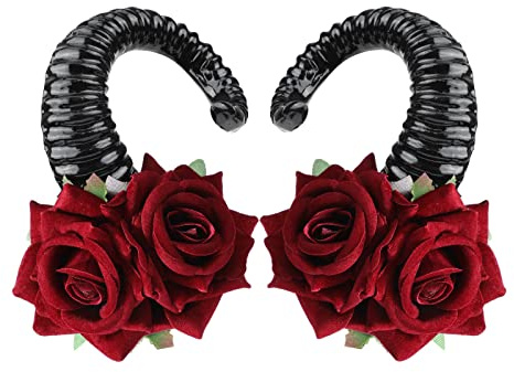 MWOOT Femmes Déguisements Halloween Gothique Cornes Démon Pinces Cheveux, Corne Rose Couvre-chef Accessoires, Corne Mouton Noir aux Fleurs Rouges pour Diable Sorcières Soirée Cosplay Décoration