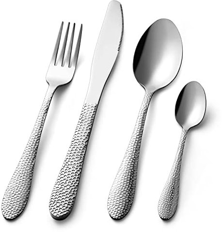 Cutlery Sets, 16 Piece Premium Stainless Steel Flatware Set with Hammered Pattern Design, Tableware Silverware Set with Spoon Knife and Fork Set, Service for 4, Dishwasher Safe/Easy Clean (Silver)