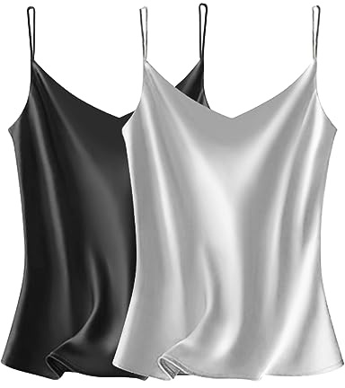 VIDUSSA Débardeurs Femmes Chemise Satin sans Manches Chemisiers Col V Blouse Haut T-Shirt Cami Tops 2 Pack BGR XL
