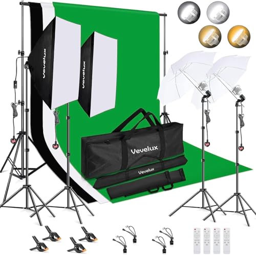 Vevelux Photo Studio Lighting Kit with 2.6X3 M/8.5X10 FT Adjustable Backdrop Stand, 4X45W Dimmable LED Light, 3000-5500K Umbrellas Softbox Kits, 3 Color Backdrop for Portrait, Video Shoot Photography