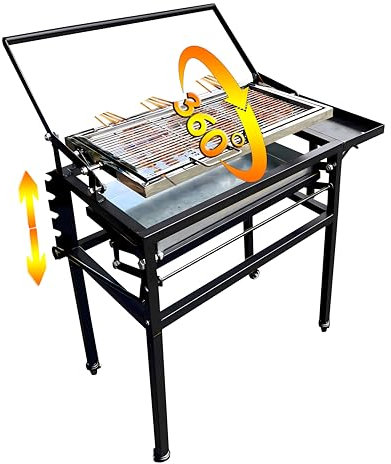 Parrilla de carbón para barbacoa con carrito, parrilla portátil desmontable cuadrada resistente al aire libre, parrilla de cocción giratoria de 360 grados con ruedas para camping, jardín, barbacoa