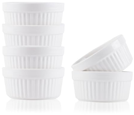 Creme Brulee Bowls, Pack of 6, 200 ml Souffle Moulds, Oven Safe, Cream Brulee Ramekin Soufflé Cups for Baking, Creme Brulee Bowls, Ceramic Moulds Oven Safe Cases (White)