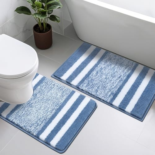 Enyhom - Juego de 2 tapetes de baño suaves absorbentes de agua y tapete para inodoro, antideslizantes, lavables a máquina, juego de alfombrillas para baño y pedestal, color azul