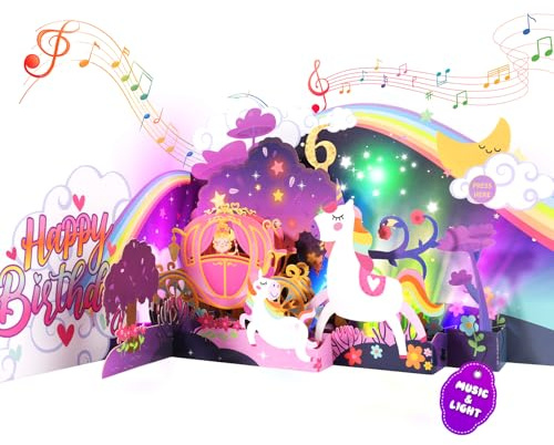 Carte d'anniversaire musicale 3D licorne avec lumières LED pour fille de 6 ans – Carte pop-up pour fille, petite-fille, nièce