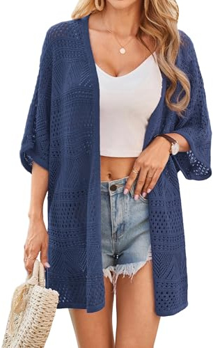 GRACE KARIN Women's Hollow Crochet Summer Cardigan Open Front Batwing Sleeves Boho Kimono Cardigans Loose Fit Knitwear for Vacation Dark Blue M