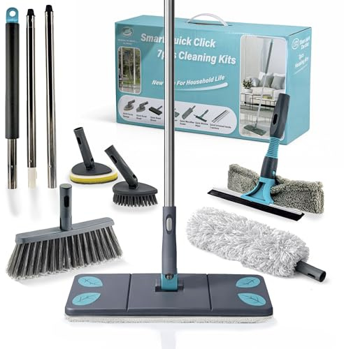 Kit de Limpieza para casa 7 en 1 con Palo Extensible – Escoba, Mopa Microfibra, Plumero Atrapapolvo, Limpiacristales con Rasqueta, Cepillo Baño y Esponja Multiusos, Ventanas, Cocina y Baño.