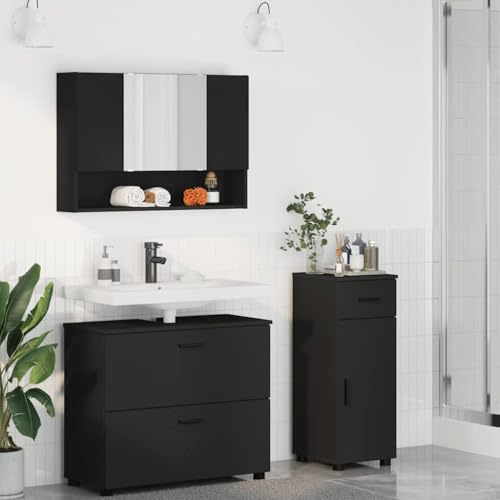 Ziaphsol Badrumsmöbelset med dörr, 3 stycken, svart, plywood och metall, modernt badrumsmöbelset med förvaringsutrymme för tvättplats, spegel, underskåp, väggmontering, utrymmesbesparande, hållbar