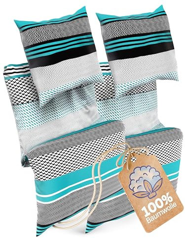 Sentidos 4-teiliges Bettwäsche-Set aus Renforcé-Baumwolle - 2x Bettbezüge 135x200 cm & 2x Kissenbezüge 80x80 cm mit Reißverschluss - Türkis/Schwarz/Weiß