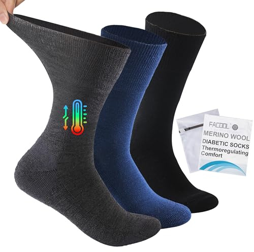 Facool Diabetic Socks for Men Women, Merino Wool Non-Binding Top Crew Socks with Cushion Sole, Seamless Toe 3 Pairs