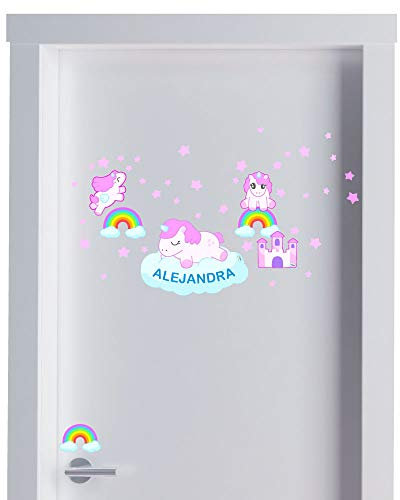 ETIKIDS - Nome Decorativo Adesivo per Porte Bambini, Design Unicorni, Vinile Resistente, Personalizzato per Camerette, 67x50,5 cm, Colore: Unicorni