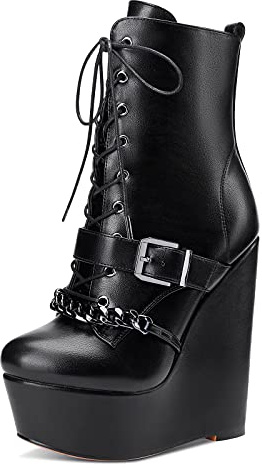 NobleOnly Femme Cale Plateforme Bottines Cheville Fermeture Eclair Lacets Wedge Boots 15CM High Heels