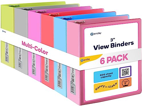 Enday 3 inch Binder (6 Pack - Assorted Colors) 3 Ring Binder 3 inch with Clear View Cover and 2 Inside Pocket - for Letter Size 8.5 x 11'' Paper, Ideal for School Supplies, Office, and Home