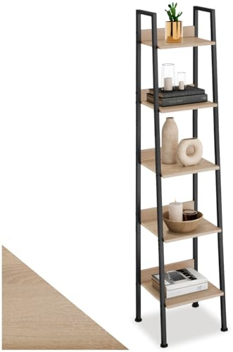 tectake® Scaffale a Scala, Libreria Verticale con 4 Ripiani, Struttura in Acciaio porta libri, Libreria Verticale, Facile Montaggio - 35,5 x 31,5 x 170 cm - Legno industriale chiaro