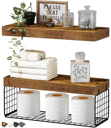 QEEIG Bathroom Shelves Over Toilet - Wall Mounted Floating Shelves Toilet Paper Storage Small Farmhouse Decor Shelf 16 inch Set of 2, Rustic Brown (019-BN2)