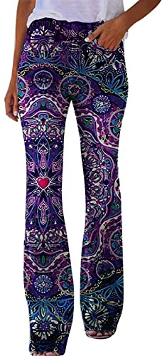 Womens Flared Bootcut Jeans Trousers Ladies Casual Comfort Stretch Mid Rise Wide Leg Palazzo Lounge Bell Bottom Denim Pants Boho Floral Printed Denim Jean Pants All Waist Sizes with Pockets