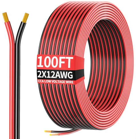100FT 12AWG, 12/2 AWG Red Black Hookup Electrical Wire LED Strips Extension Cord 12V/24V DC Cable, 12 Gauge Wire 2 Conductors Flexible Low Voltage Cable for in-Home, Autos, Schools use