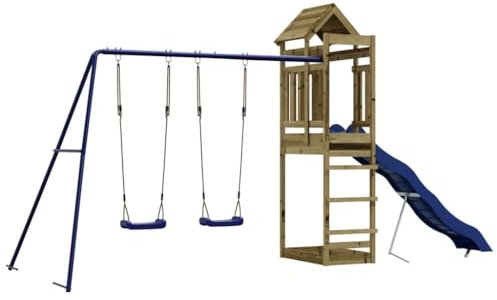 vidaXL Outdoor Playset for Ages 3-8, Impregnated Pinewood Construction, Playground Equipment with Wave Slide, Double Swing Set and Sandpit, Sturdy and Stable Design, Natural Brown Color