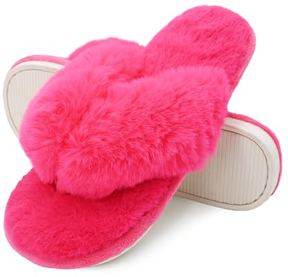 Onmygogo Pantuflas de felpa para interiores para mujer, puntera abierta, pantuflas de piel sintética mullidas para spa y casa, 0-Rosa, 5.5-6.5