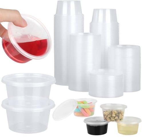 HOCUCHELAND 100 Stück Kleine Dosen mit Deckel Plastik, 100ml Aufbewahrungsdosen mit Deckel Wiederverwendbarer, Frischhaltedosen Soßen BehäLter Auslaufsichere für Soßen, Dips, Gewürze