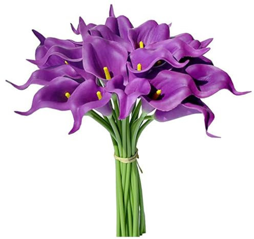 Wisafory 10 flores artificiales de cala, lirio artificial, látex. Ramo de novia artificial, decoración para boda, salón, oficina, hotel, cocina, color morado