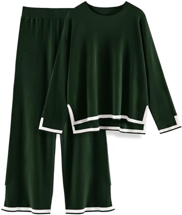 CMTOP Tuta Donna Completo Elegante 2 Pezzi Casual Tute da Ginnastica Tailleur Girocollo Maglia a Maniche Lunghe e Pantaloni a Gamba Larga Autunnale Invernale Completi Per La Casa(Verde, L)