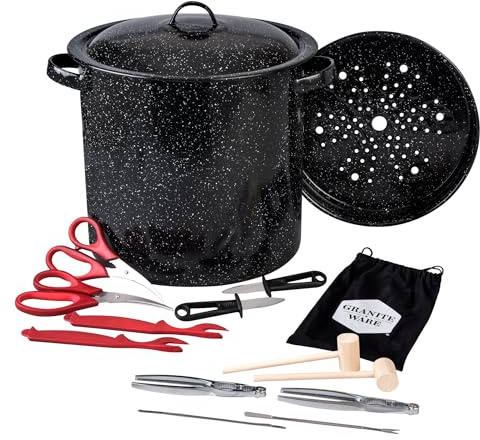 Granite Ware 15-Piece Seafood Set with 15.5 Qt Stock Pot, Lid & Steamer Insert and Seafood Tool Kit for Crab, Lobster, Shrimp Boiling.