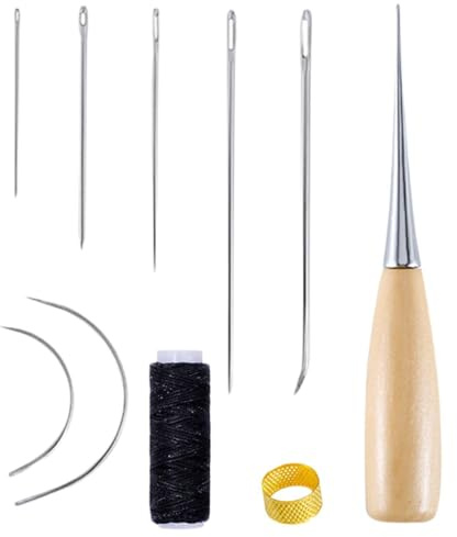 YSJCHEBS Kit De Costura A Mano De Cuero Pequeño De 10 Piezas con Hilo Negro, Juego De Agujas Perforadoras, Aguja para Tapicería, Aguja De Coser para Tela Gruesa, Aguja Circular para Coser