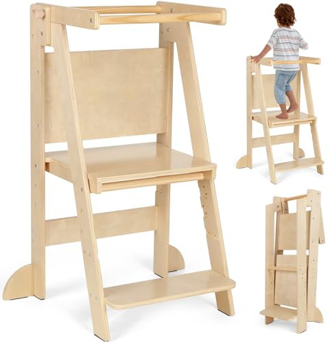 KIDINIX Klappbarer Holz Lernturm, Platzsparend Learning Tower ab 1 Jahr, Höhenverstellbar Kinder Turm mit Tafel, Küche Lernstuhl für Badezimmer und Waschbecken, Holzfarbe