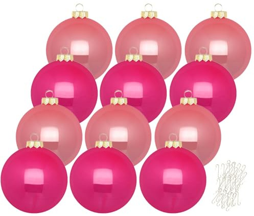 Inge Glas große Weihnachtskugeln mit Haken | Christbaumkugeln aus Glas | Set 12 Kugeln 8cm groß und 40 Aufhänger | Christbaumschmuck Weihnachtsbaumkugeln (Candy Shop | pink)