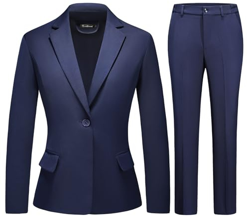 TRONSTORE Women's Business Solid Suit 2 Piece Slim Fit Classic Blazer Pants Set for Women Formal Office, Navy, Medium